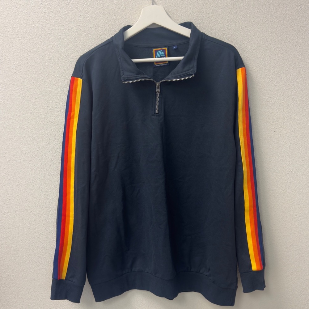 Aldi Quarter Zip Pullover Mens Large Navy Blue Rainbow Stripe Sleeve Retro 70s